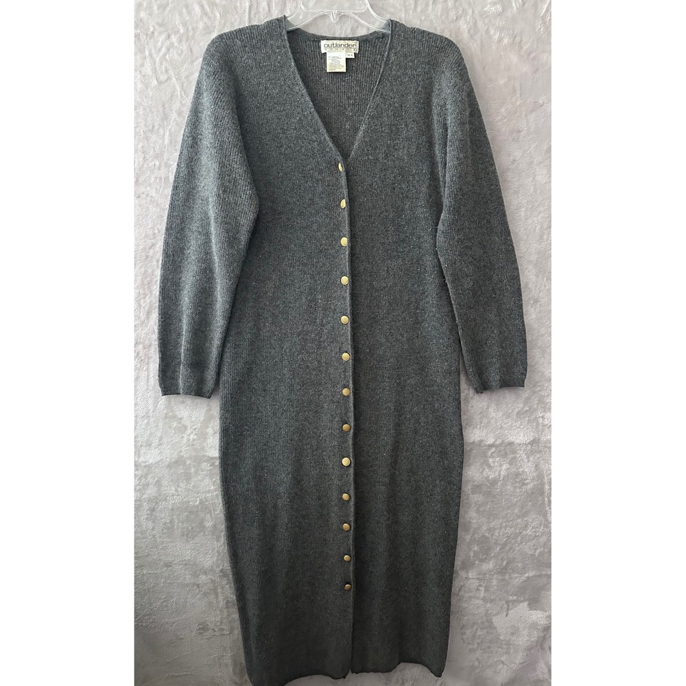 Outlander Studio Sweater Dress Medium Gray Lambswool Angora Gold‎ Button Midi